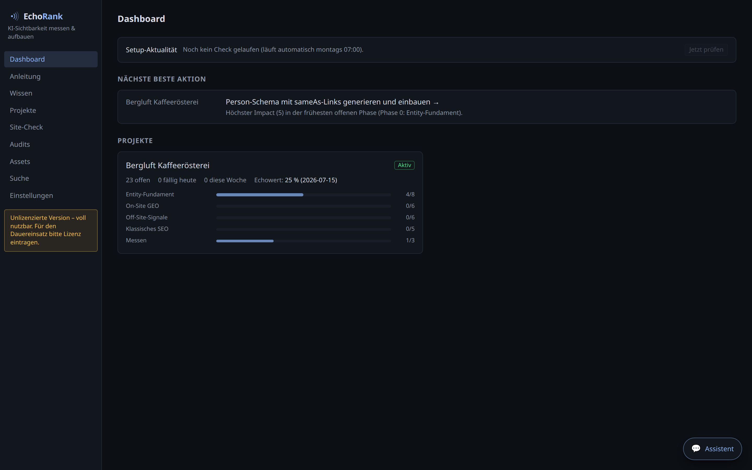 EchoRank-Dashboard: Nächste beste Aktion, Projekt-Fortschritt und Echowert