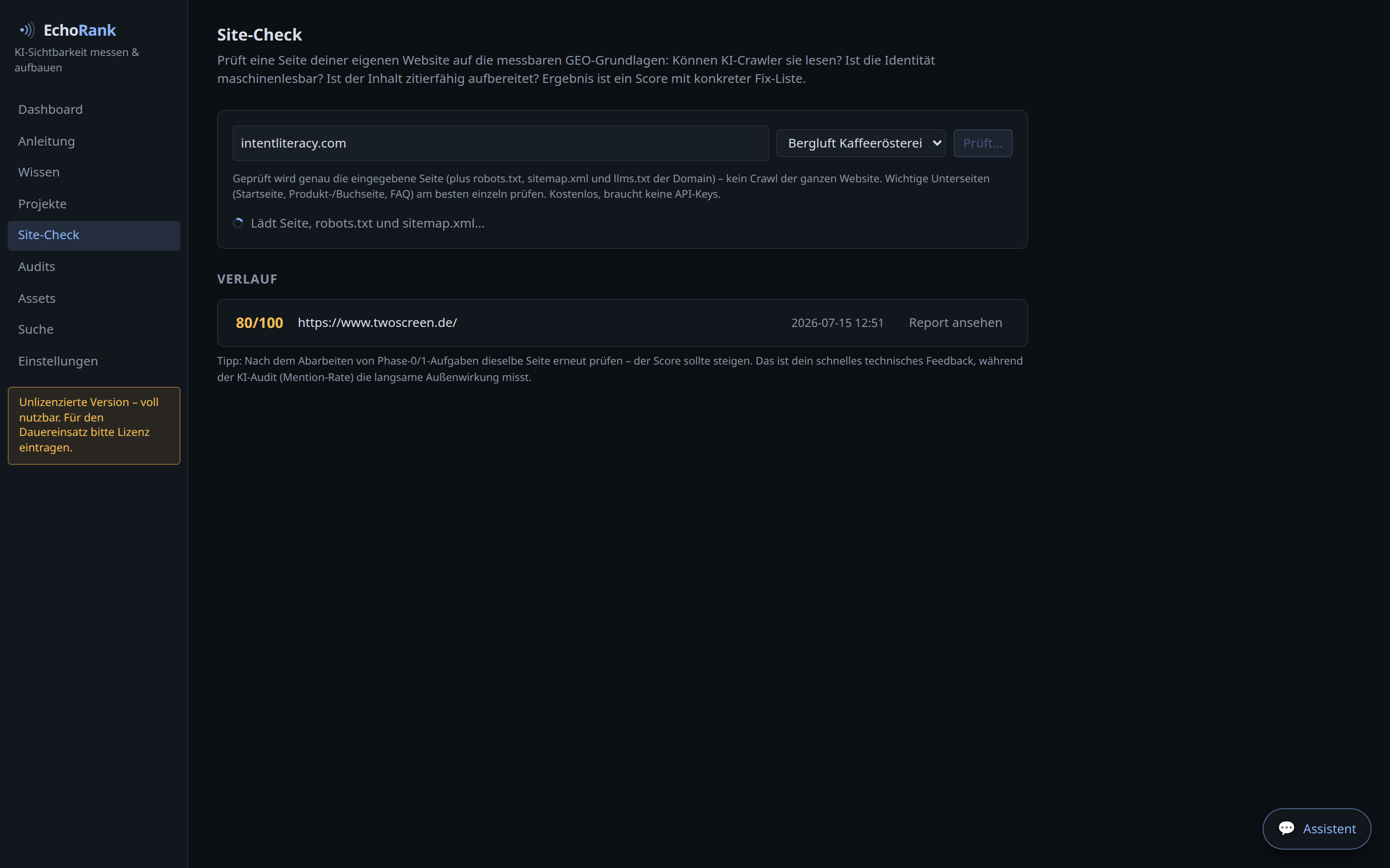 Site-Check-Report mit GEO-Score und Fix-Liste